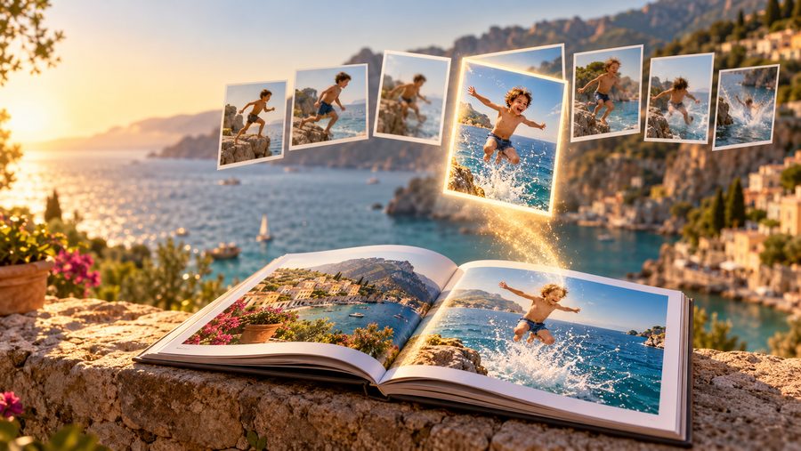 A burst of shots of a boy jumping into the sea, with the best frame lifted out and landing in a photo book