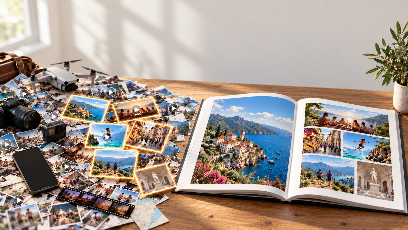 A messy pile of trip photos, phones, a drone and cameras on a table, six best photos glowing in the pile, some of them video clips, and the same six laid out in a finished travel photo book